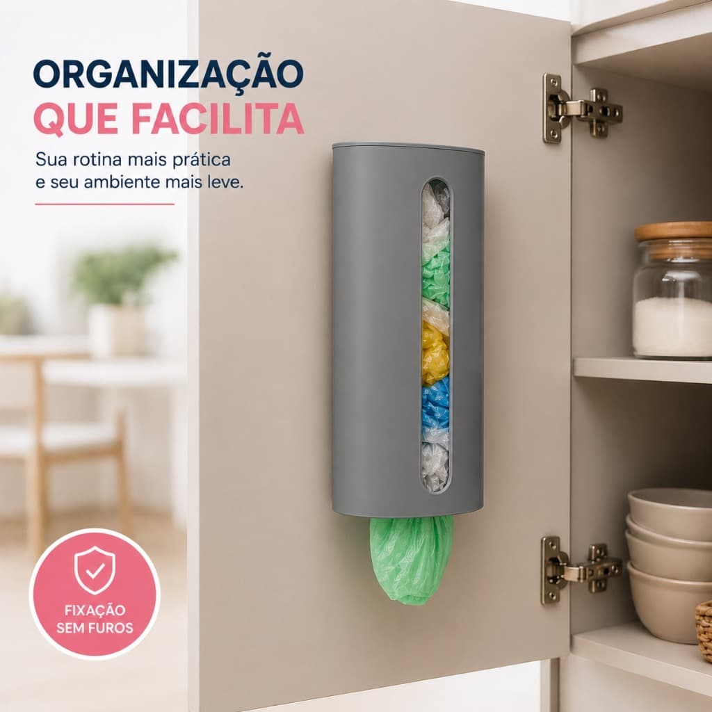 Porta Sacolas de Parede Compacto - Puxa Saco para Cozinha - Dispenser de Parede, Porta Sacola Cinza Rosa