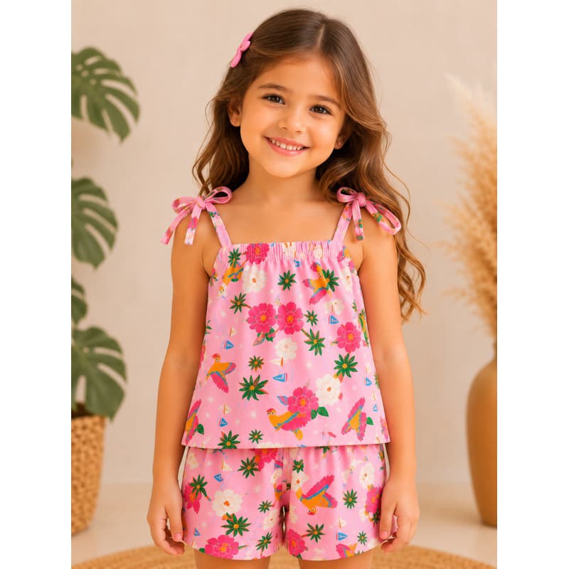 Conjunto Moda Estampa Roupa Infantil Menina Casual Short Blusa Bata Kit | ENVIO IMEDIATO | NÃO AMASSA
