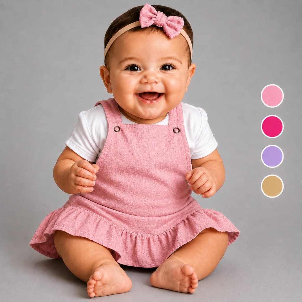 Vestido Bebê Menina Linho Com Blusa 100% Algodão E Laço Conjunto Roupa Bebê Menina Leve E Confortável 0 A 6 Meses