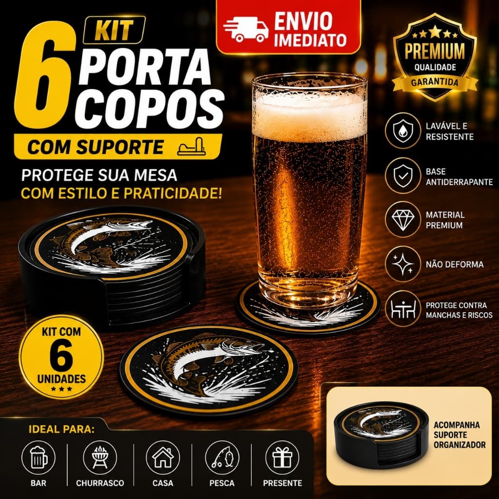 Kit 6 Porta Copos Redondos Premium com Suporte | Lavável | Base Antiderrapante | Presente para Bar e Área Gourmet