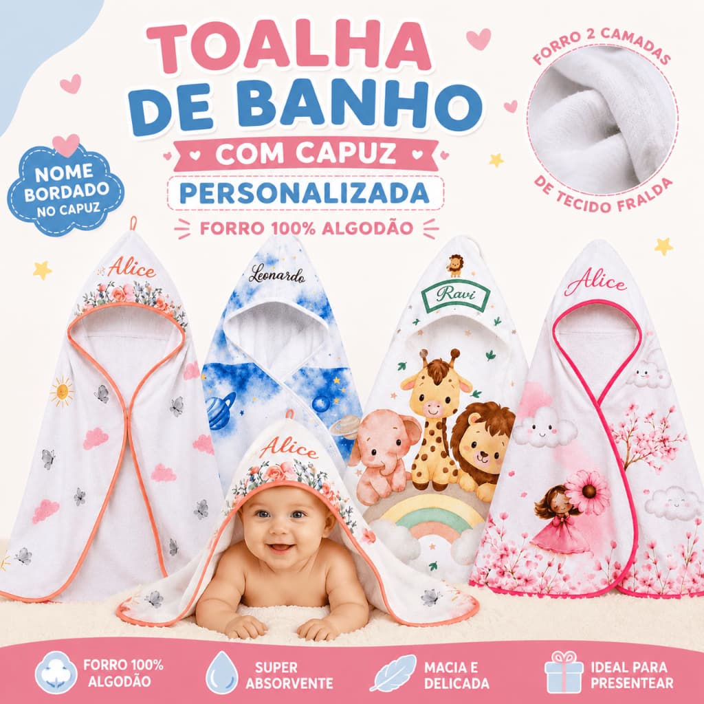 Toalha de banho com nome bordado no capuz piscina bebê infantil forro 100% algodão super absorvente