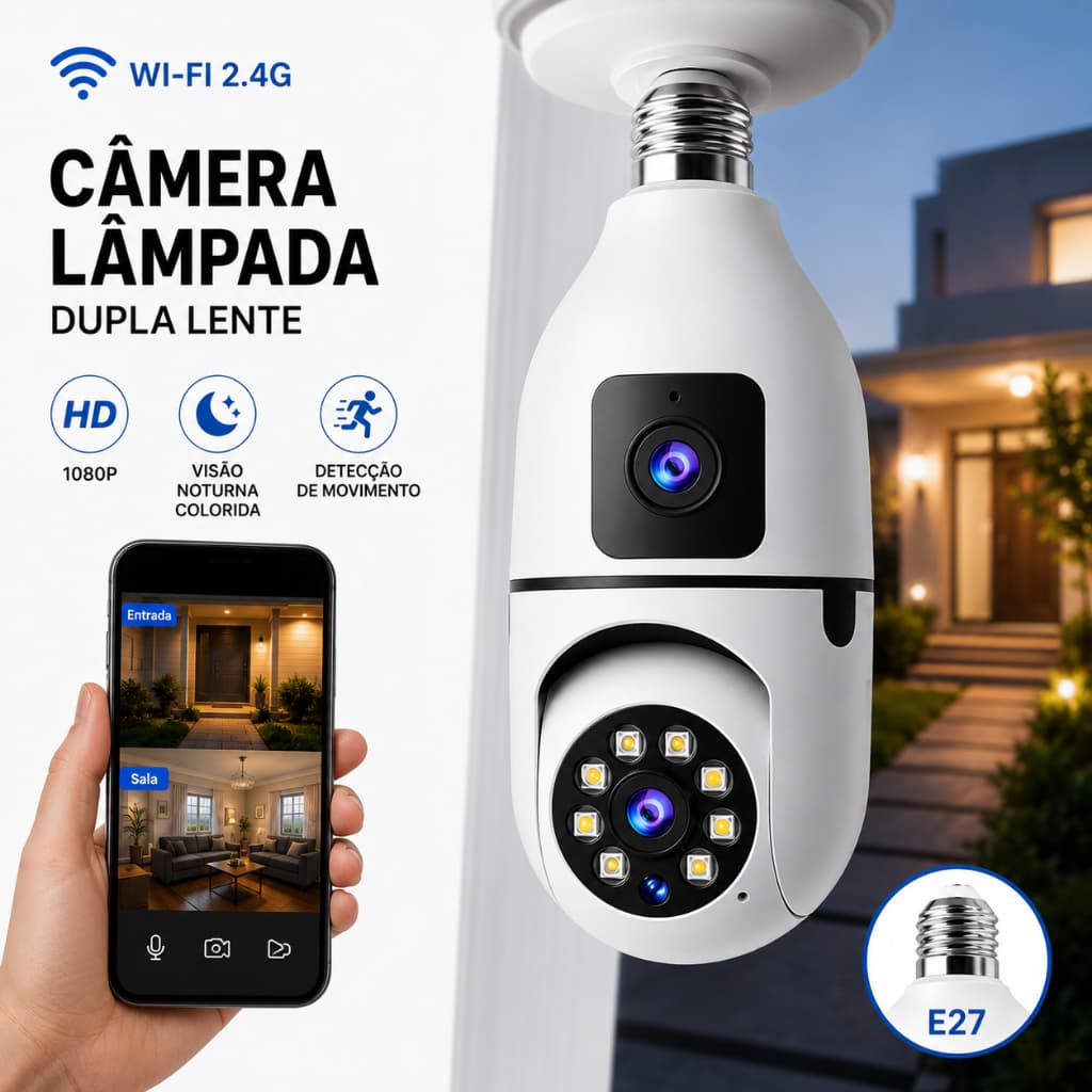 Câmera Lâmpada E27 Dupla Lente 1080P WiFi PTZ 360° Visão Noturna Microfone Áudio Controle por App