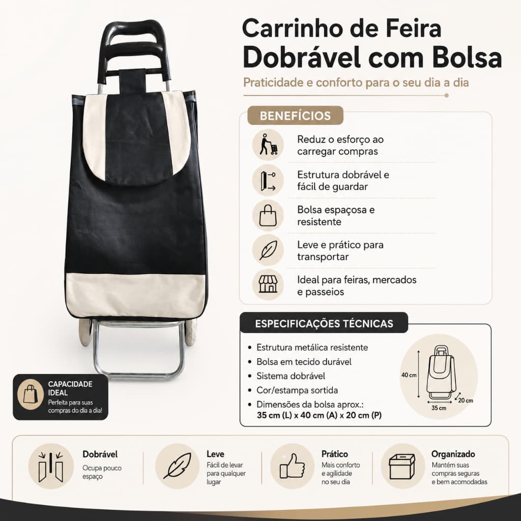 Carrinho Feira Dobrável Compacto Bolsa Capacidade Alta Prático Portátil Sortido