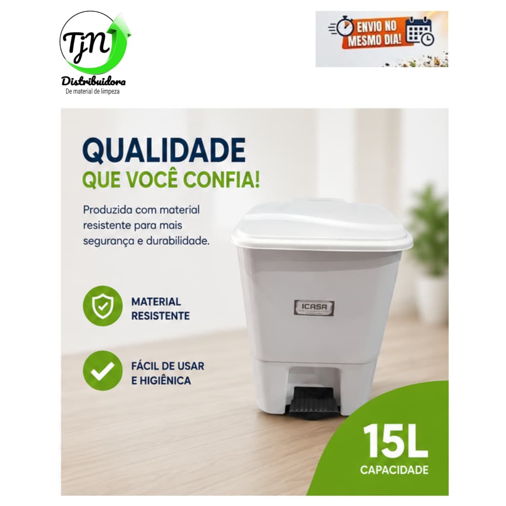 Lixeira com Pedal 15 Litros Branca | Lixeira Plástica 15L para Cozinha, Banheiro, Escritório e Lavanderia