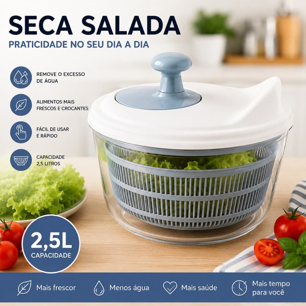 Seca Salada Facil Uso Manual 2,5 Litros Secador Folhas Verduras Centrifuga Resistente