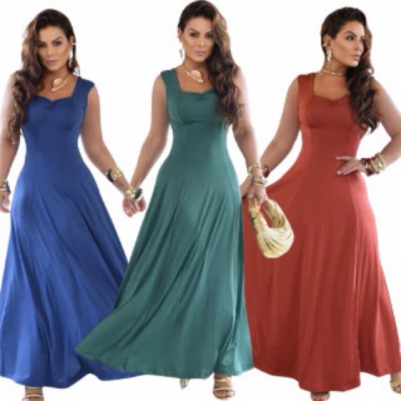 Vestido Longo Moda Feminina Evasê Casual Chic Sem Manga