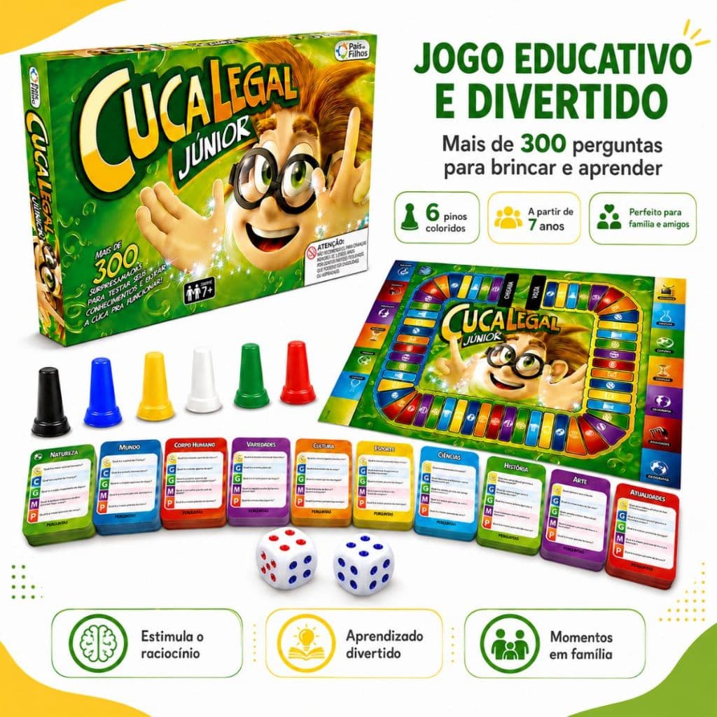 Jogo Cuca Legal Junior Pais e Filhos Jogo de Tabuleiro + De 300 Perguntas e Respostas