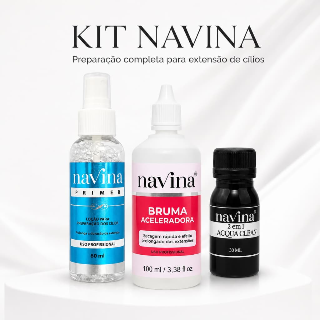 Kit 3 Passos Navina Bruma Acelerador De Cola Para Extensão Cílios, Aqcua Clean 2em1 e Primer Loção