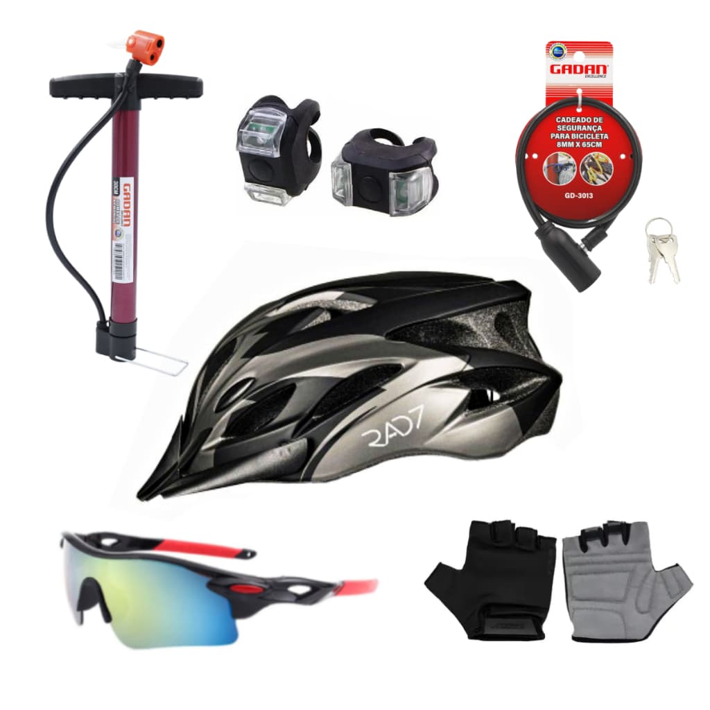 Capacete Bike Ciclista Mtb C/ Led + Óculos Par de Luvas Cadeado Bomba de Ar E Par de Led