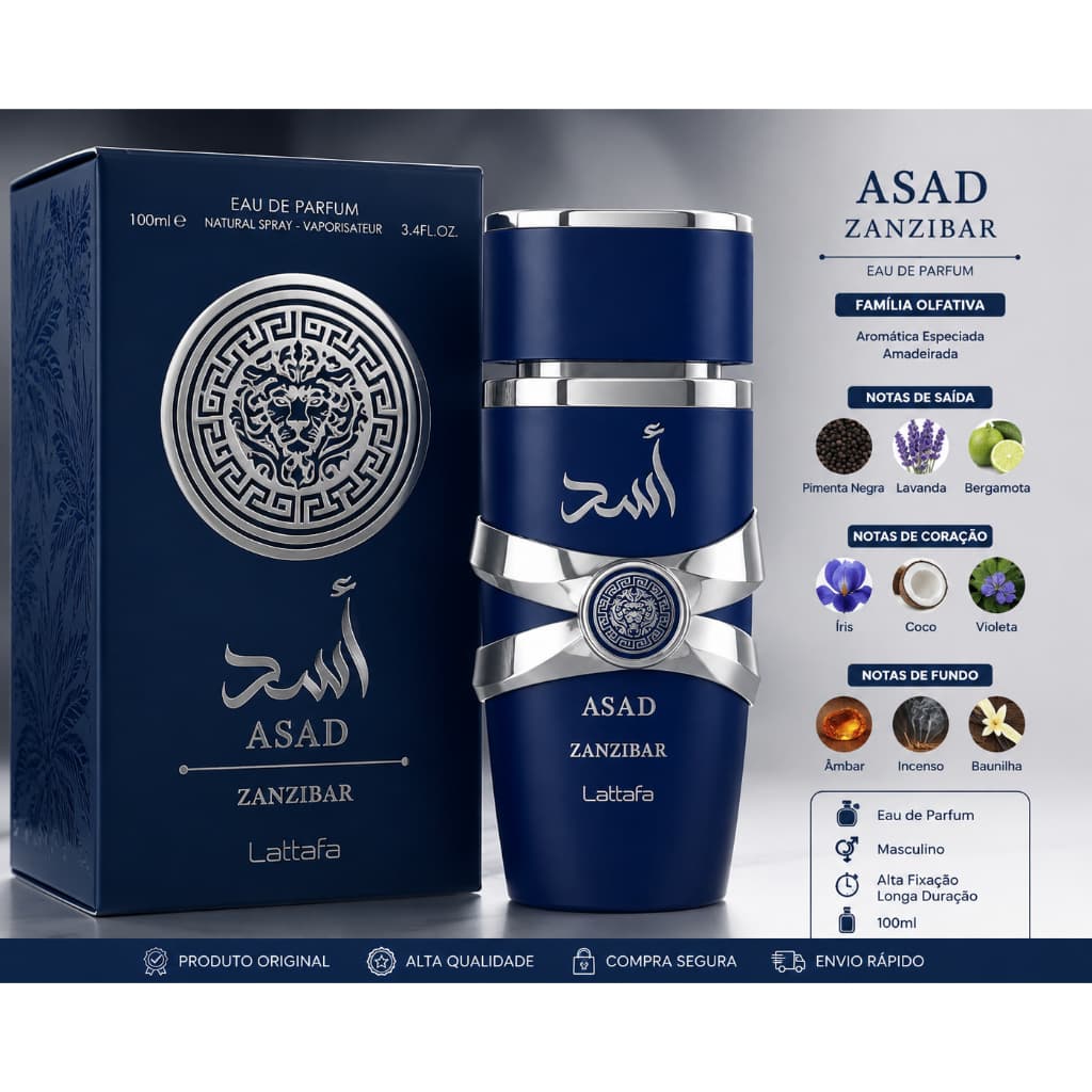 Perfume Árabe Lattafa Asad Zanzibar Azul Masculino 100ml