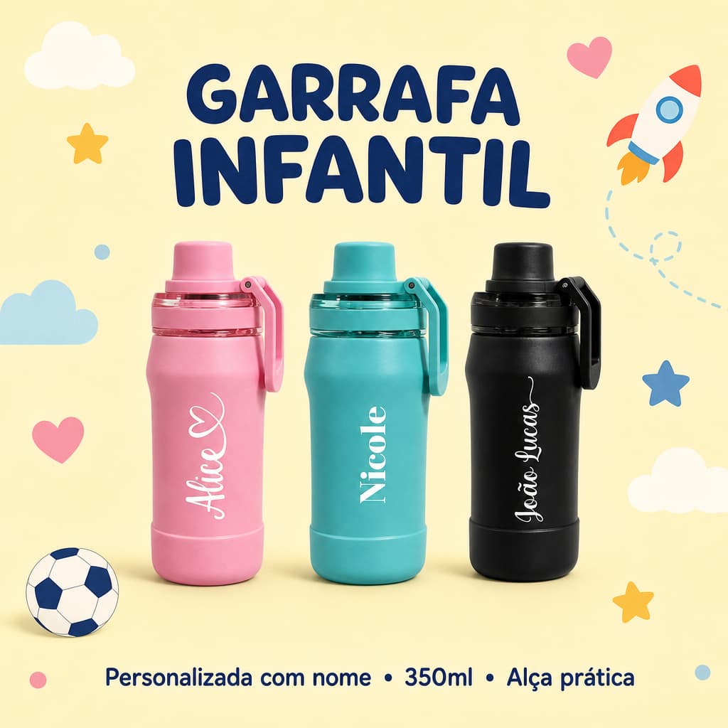 Garrafa Térmica Inox 350ml Personalizada com Seu Nome - Presente Infantil, Escolas, Dia a Dia