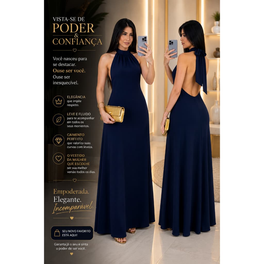 Vestido Longo Feminino Verão – Gola Alta Frente Única com Costas Nuas