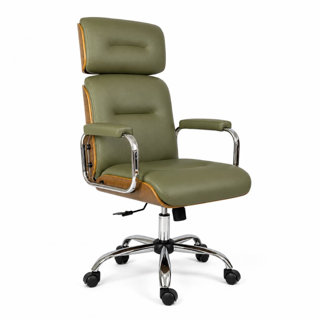 Cadeira Escritório Presidente WOOD Ibiza Verde- Madeira Escura- Base Cromada Giratória
