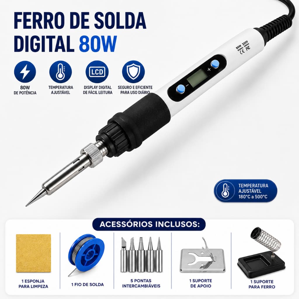 Ferro de Solda Profissional 80W Ajuste Temperatura Digital 180-500°C Kit Completo Pontas de Solda