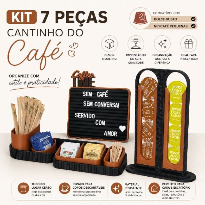 Kit Cantinho do Café Premium 7 Peças | Organizador para Cápsulas Dolce Gusto e Nescafé 16 cápsulas