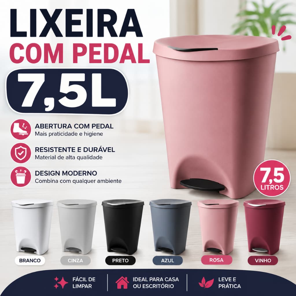 Lixeira Com Pedal Tampa 7,5 Litros Cozinha Banheiro Escritório Lavabo | Plástico Resistente