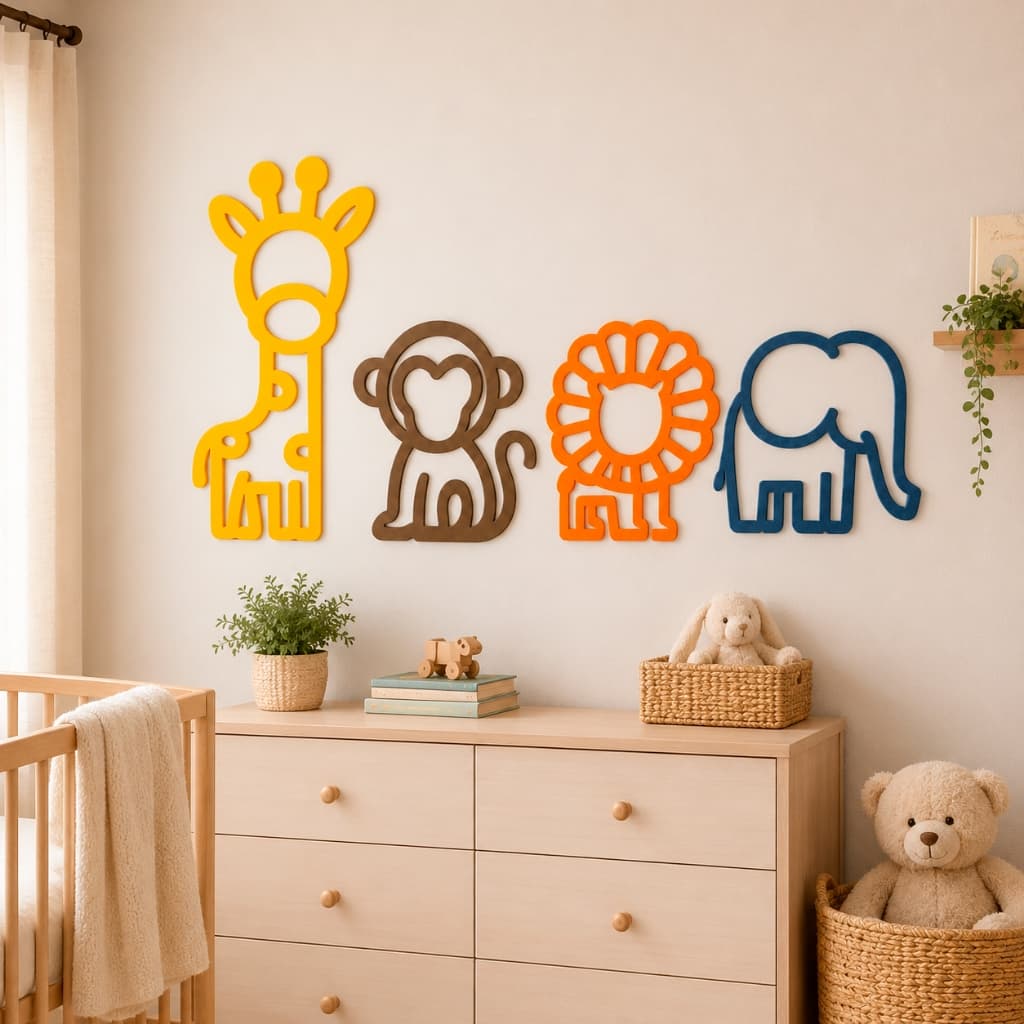 KIT SAFARI INFANTIL 3D 4 PEÇAS PARA DECORAÇÃO DE QUARTO DE BEBÊ