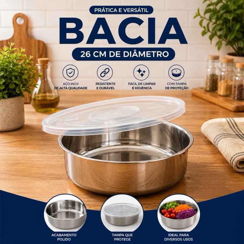 Bacia Inox 26cm com Tampa Plástica – Tigela Redonda em Aço Inoxidável para Cozinha