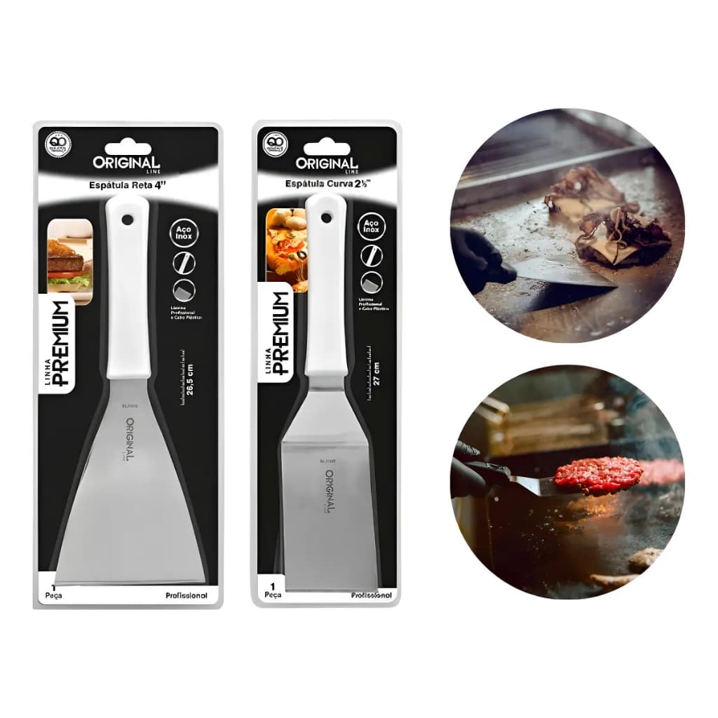 Kit 2 Espátulas Inox Reta e Curva para Chapa Lanches Original Line Premium