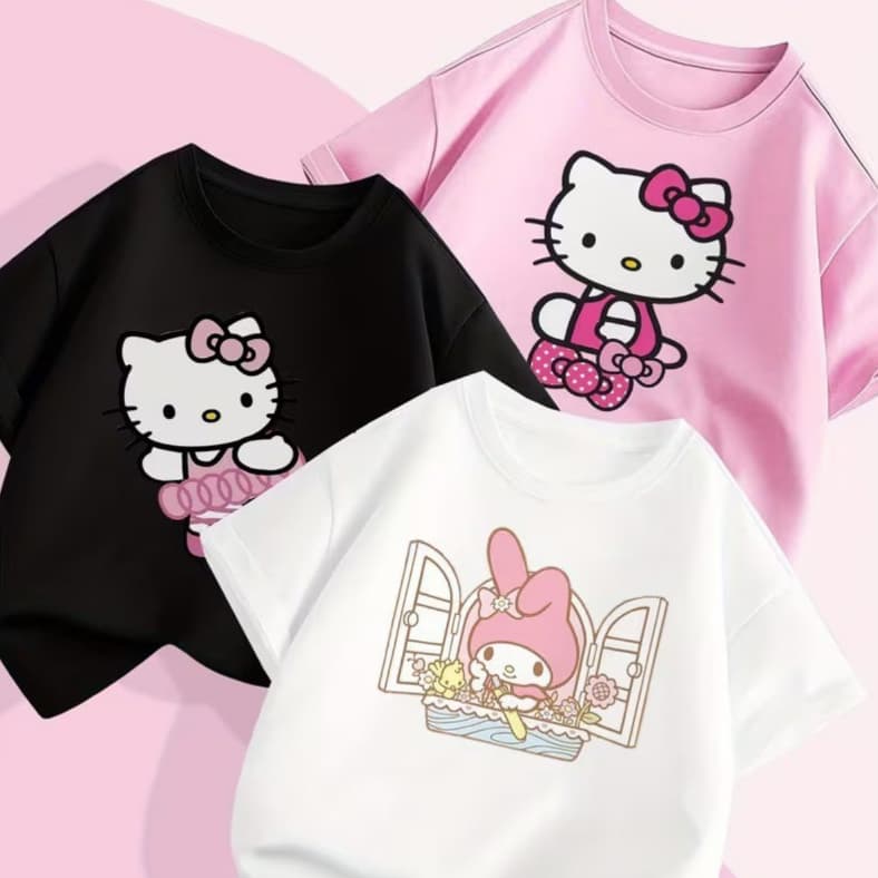 Kit 3 Camiseta Infantil Gatinha He-llo Ki_ty Delicada Moda Confortável Tecido Leve 100% Algodão
