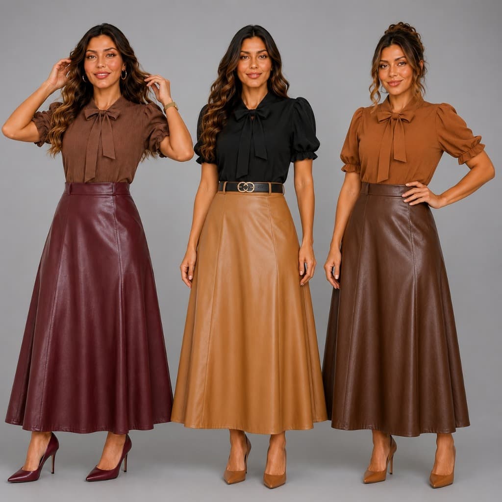 Saia Longa Couro Fake Premium Feminina Cintura Alta Moda Evangélica Elegante Evasê Tendencia