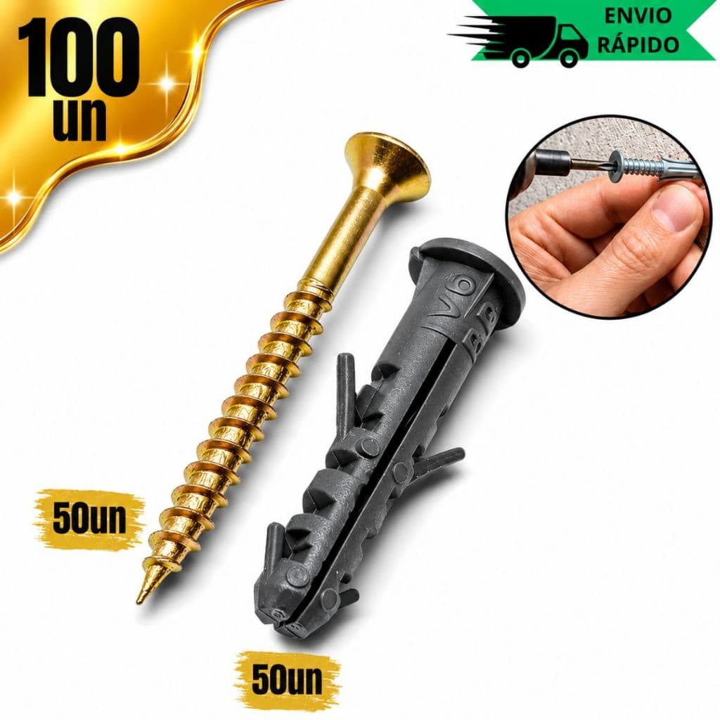 Kit 50 Buchas 6mm + 50 Parafusos Fixação Leve Para Quadros Espelhos Parede Alvenaria