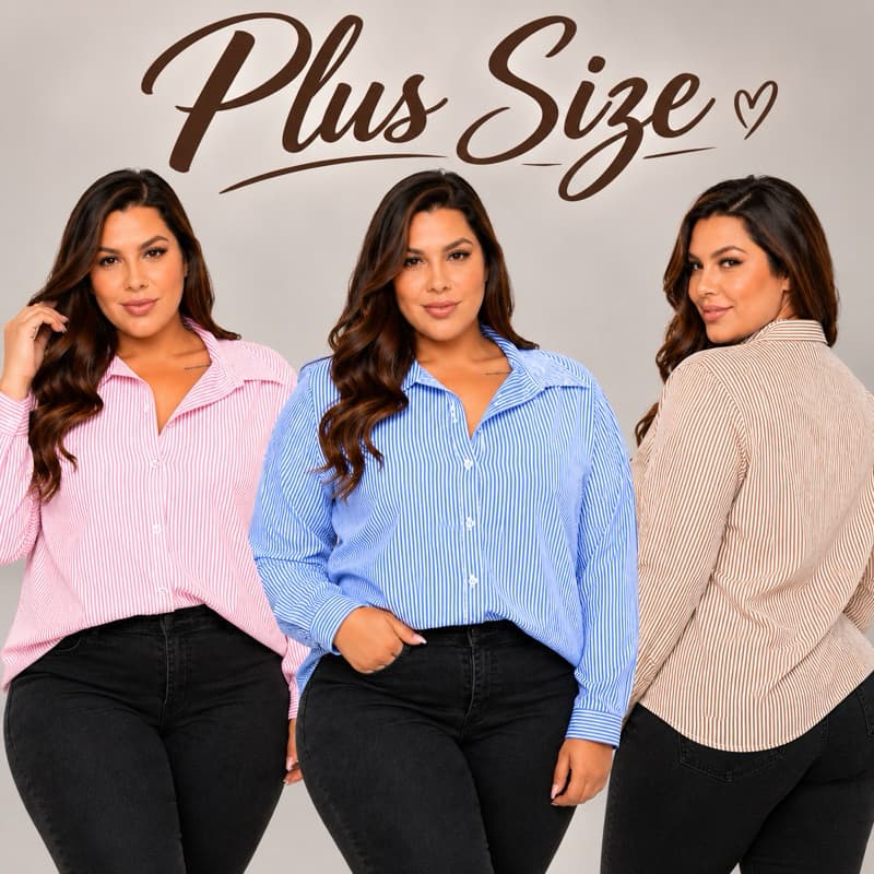 Camisa Feminina Plus Size Listrada Manga Longa Tendência Elegante GG G1 G2 Crepinho Leve e Confortável Elegante