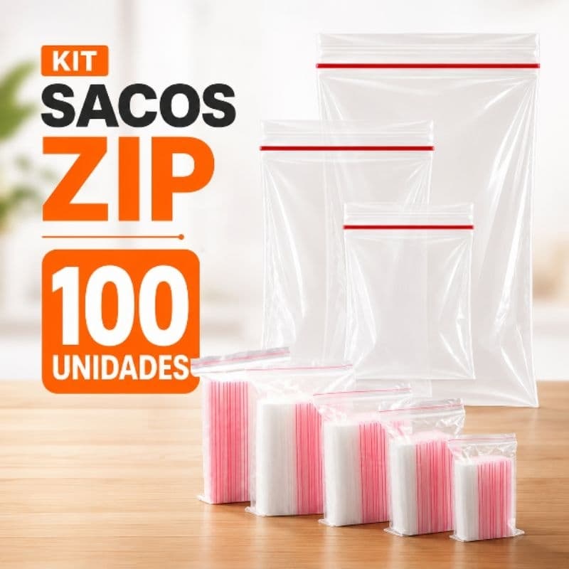 Pacote com 100 Sacos Zip Lock Plástico Transparente para Alimentos e Armazenamento