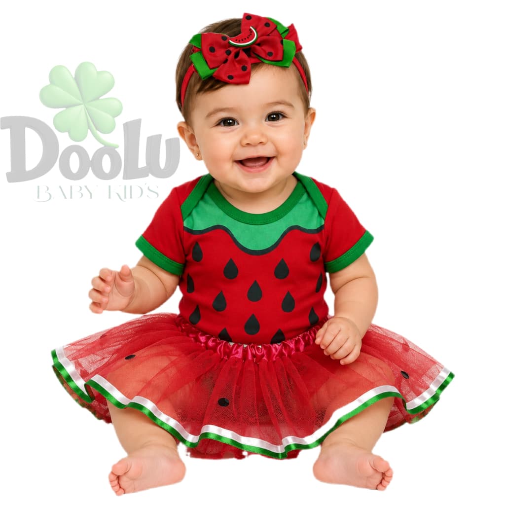 Body Bebê Melancia + Tule Luxo + Laço Look Frutinha Bebê Menina Fantasia Melancia