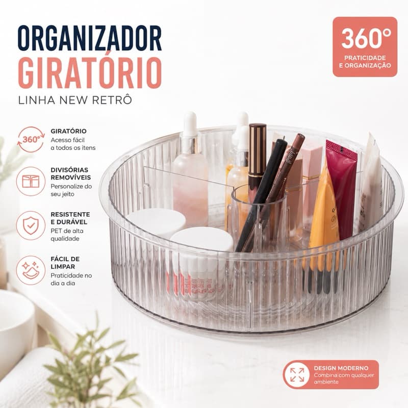 Organizador Giratório 360° Coza New Retrô Transparente Com Divisórias Removíveis Multiuso Cozinha Banheiro Maquiagem