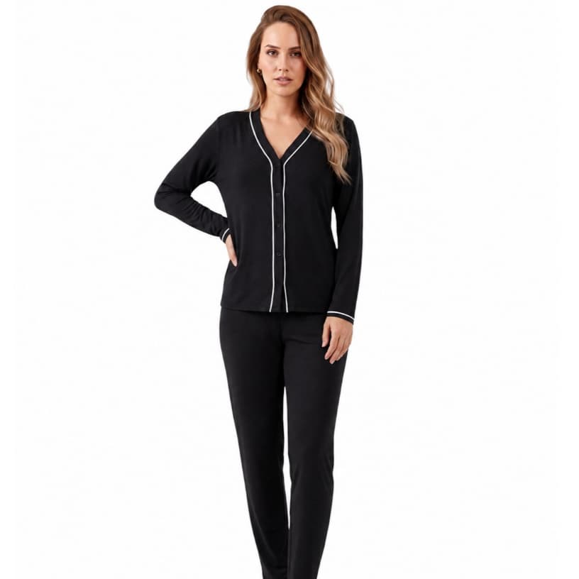Pijama Feminino Longo com Botões Inverno Manga Longa e Calça Comprida Americano Confortável