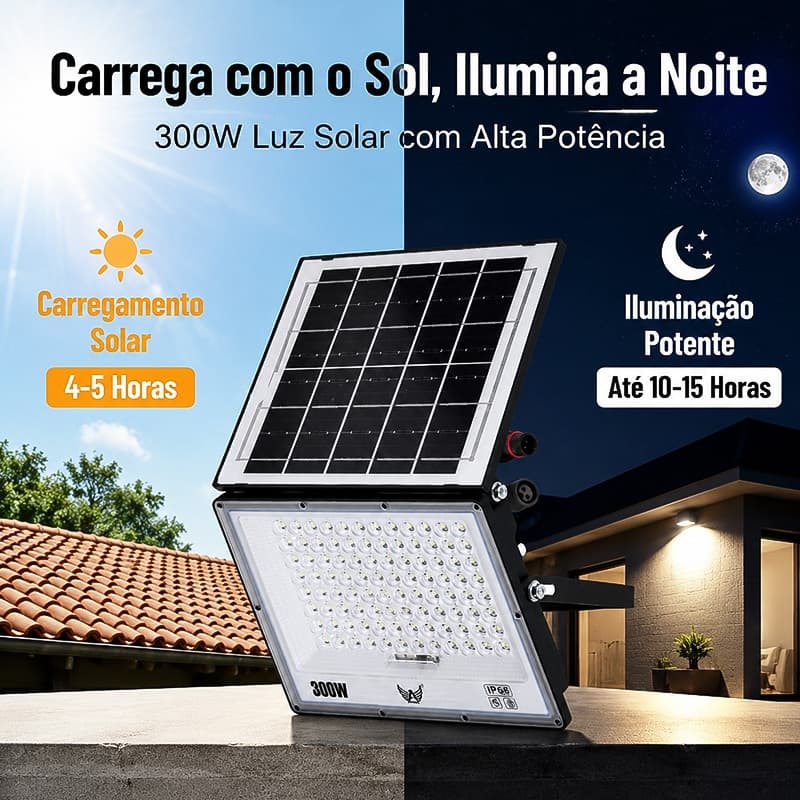 Refletor LED à prova d'água de 300W com painel solar, adequado para uso externo.