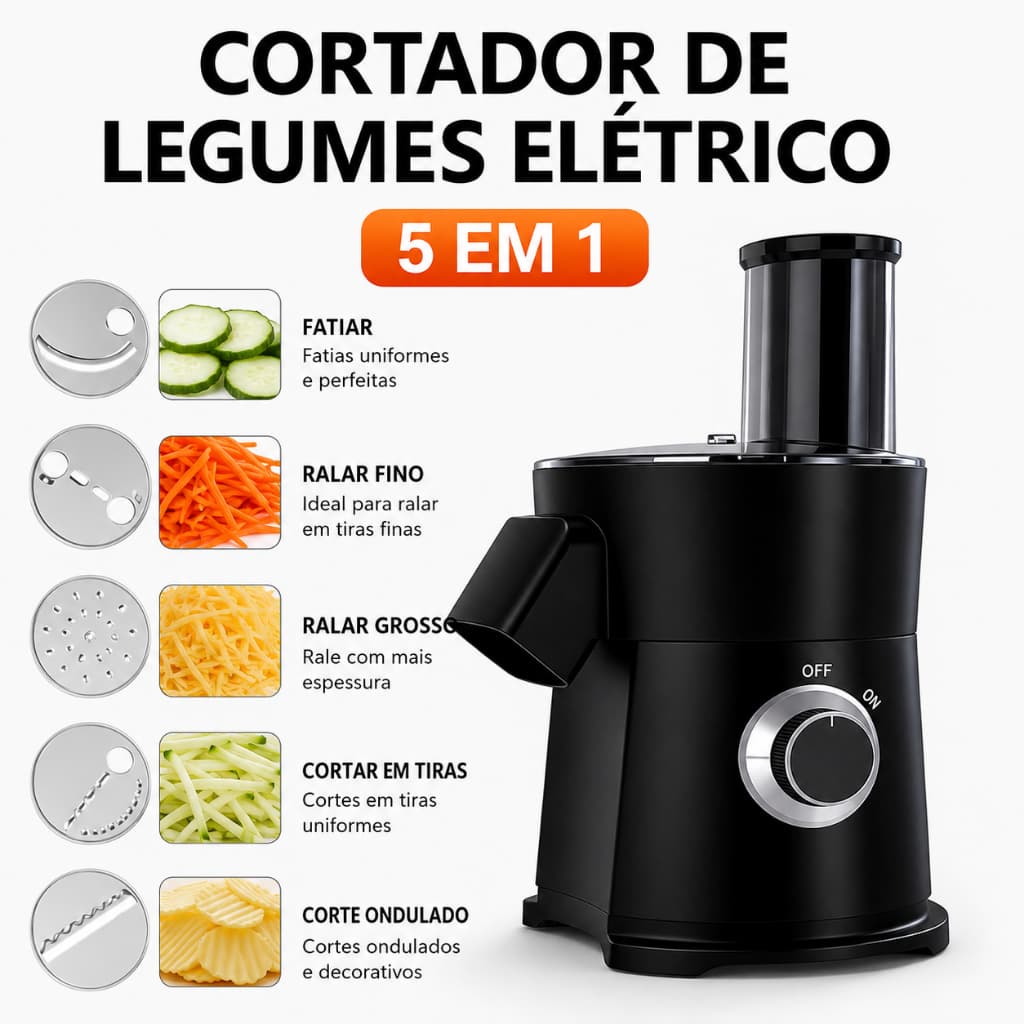 Cortador de Legumes Elétrico Multifuncional 5 em 1 Ralador Fatiador Processador de Alimentos Lâminas Inox