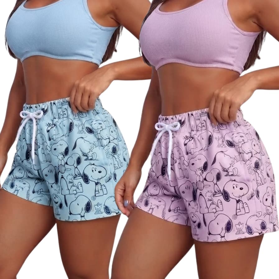 Kit 2 Shorts Tactel Feminino Levinho Anime Snoopy Cintura Alta Estampado Casual Praia Academia Confortável