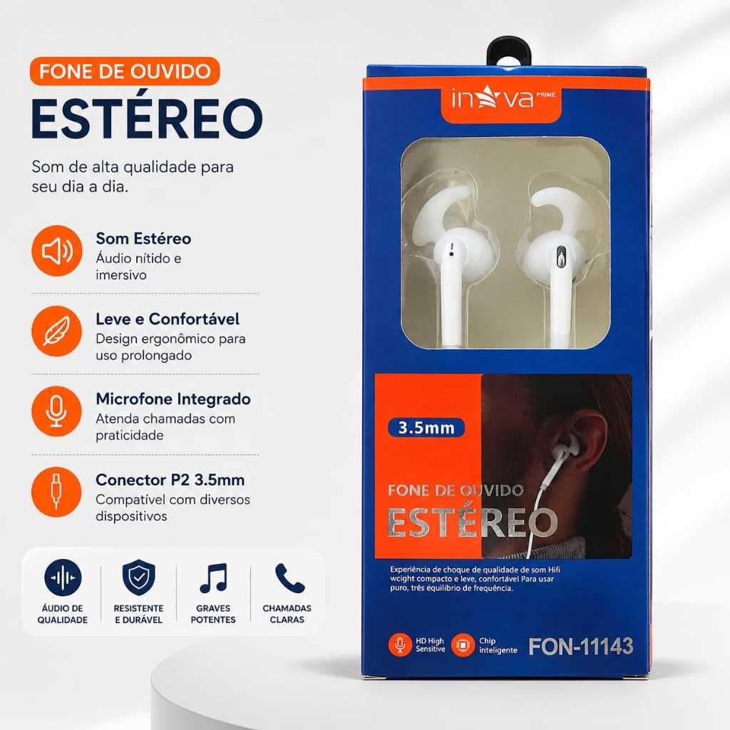 Fone de Ouvido Com fio Intra Auricular Estério Reduçao de Ruidos com Borrachinha Marca INOVA
