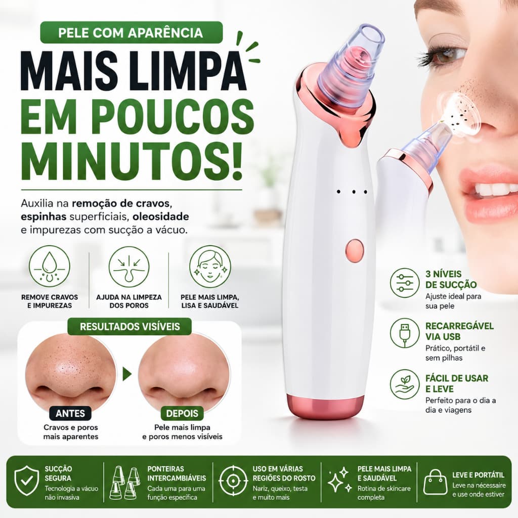 Removedor de Cravos a Vácuo Recarregável USB Aspirador de Cravos com 5 Ponteiras Sucção Ajustável Facial