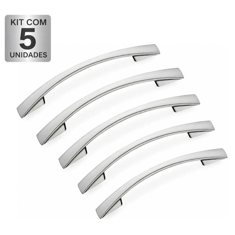 Kit 5 Puxadores Italy Line 2092 Escovado 192mm Alça Curva Moveis Gavetas Portas Armarios