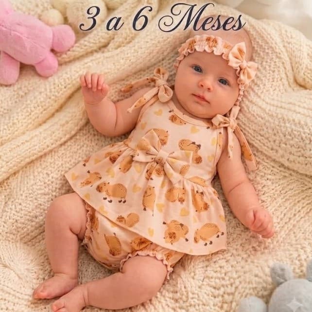 Conjunto Bebê Feminino 3 a 6 Meses Batinha Amarrável + Tapa Fralda Frufru + Tiara em Meia Malha ESTAMPAS SORTIDAS