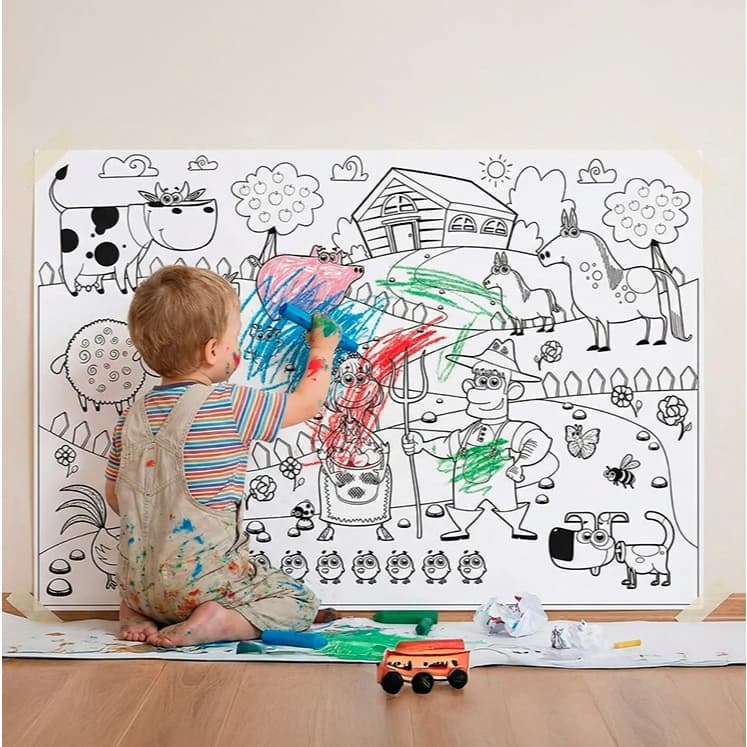 Kit 2 Rolos de Papel com Desenho Infantil 4m para Crianças Colorir Pintura Arte