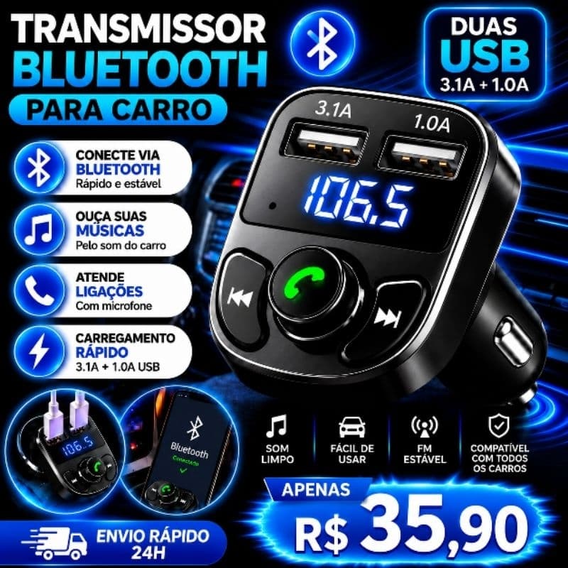 Bluetooth Veicular FM Carregador USB Som Automotivo Universal - Postagem em 24 horas ✅