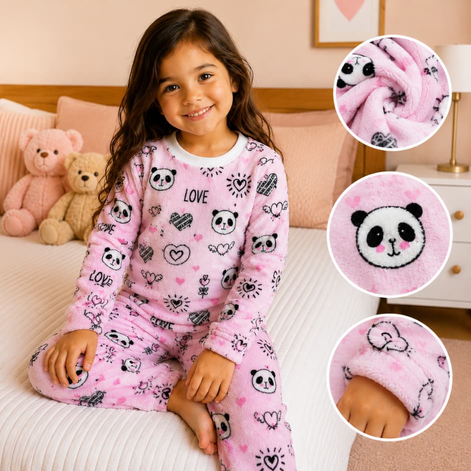 Conjunto Pijama Infantil Fleece Blusa e Calça com Punho Quentinho para o Frio
