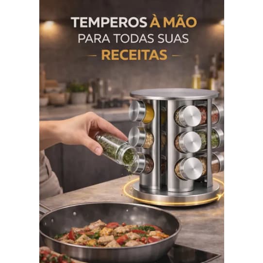 Porta Temperos Vidro Giratório Inox 12 Potes