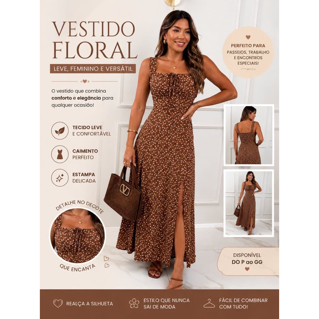 Vestido Feminino Midi Camponesa Floral