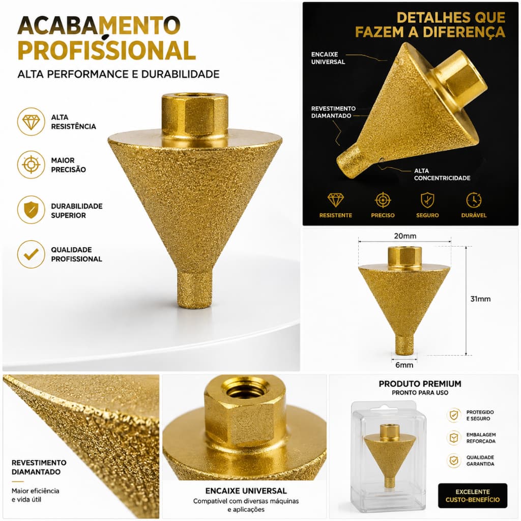 Broca Diamantada Cônica Chanfradora 20mm Revestida Universal