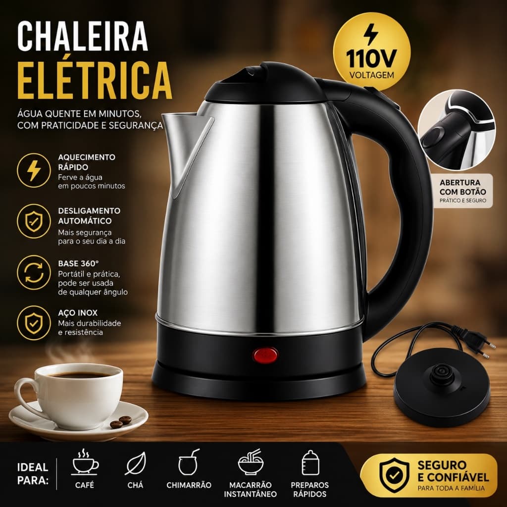 Chaleira Elétrica Inox 110V 1,8L Aço Inox Premium Base 360° Desligamento Automático café chá