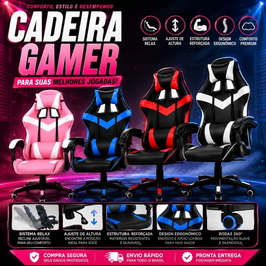 Cadeira Gamer Ergonômica Reclinável com Almofadas e Regulagem de Altura