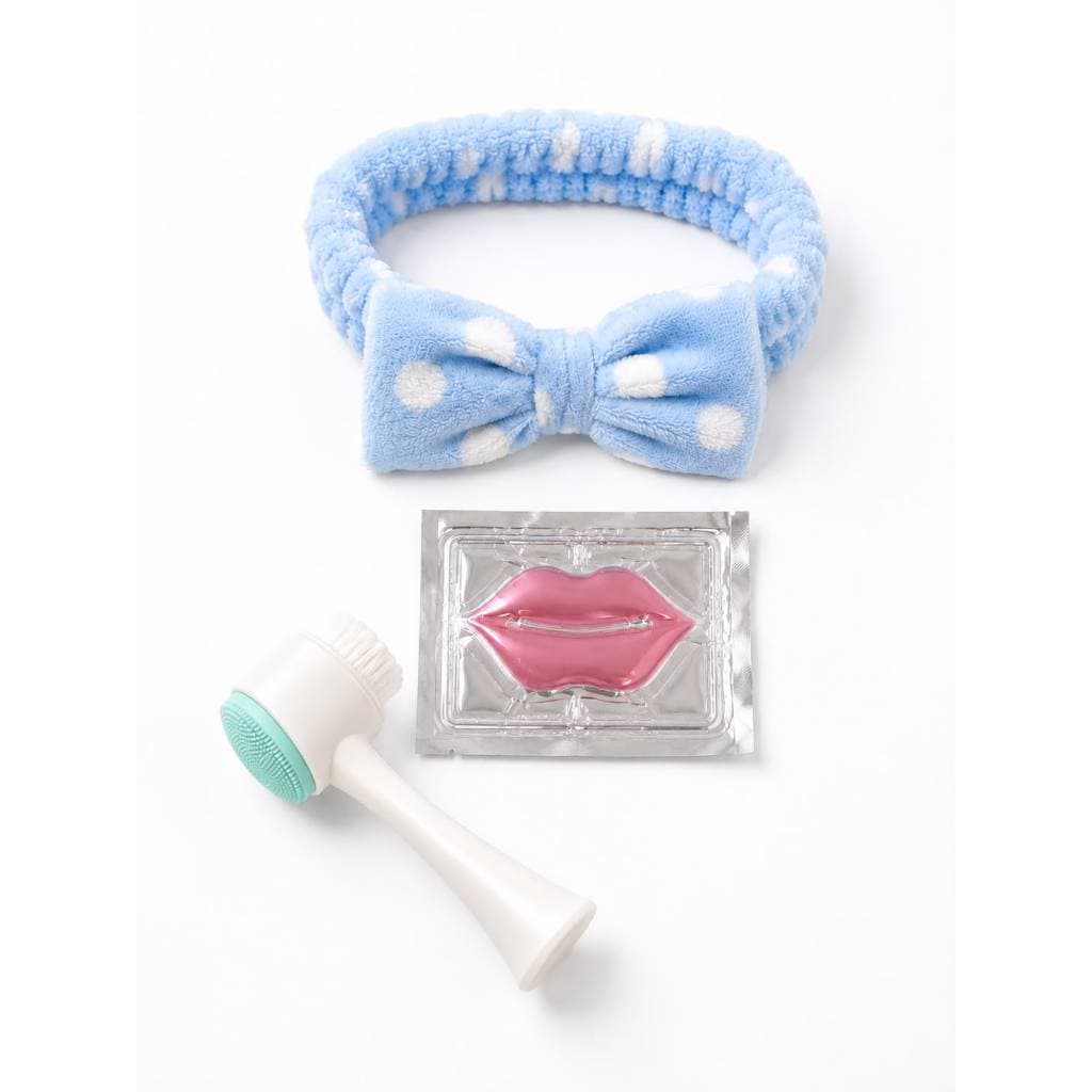 Kit 3 Acessorios para Skin Care - Faixa de Cabelo, Escova de limpeza Facial e Máscara Labial
