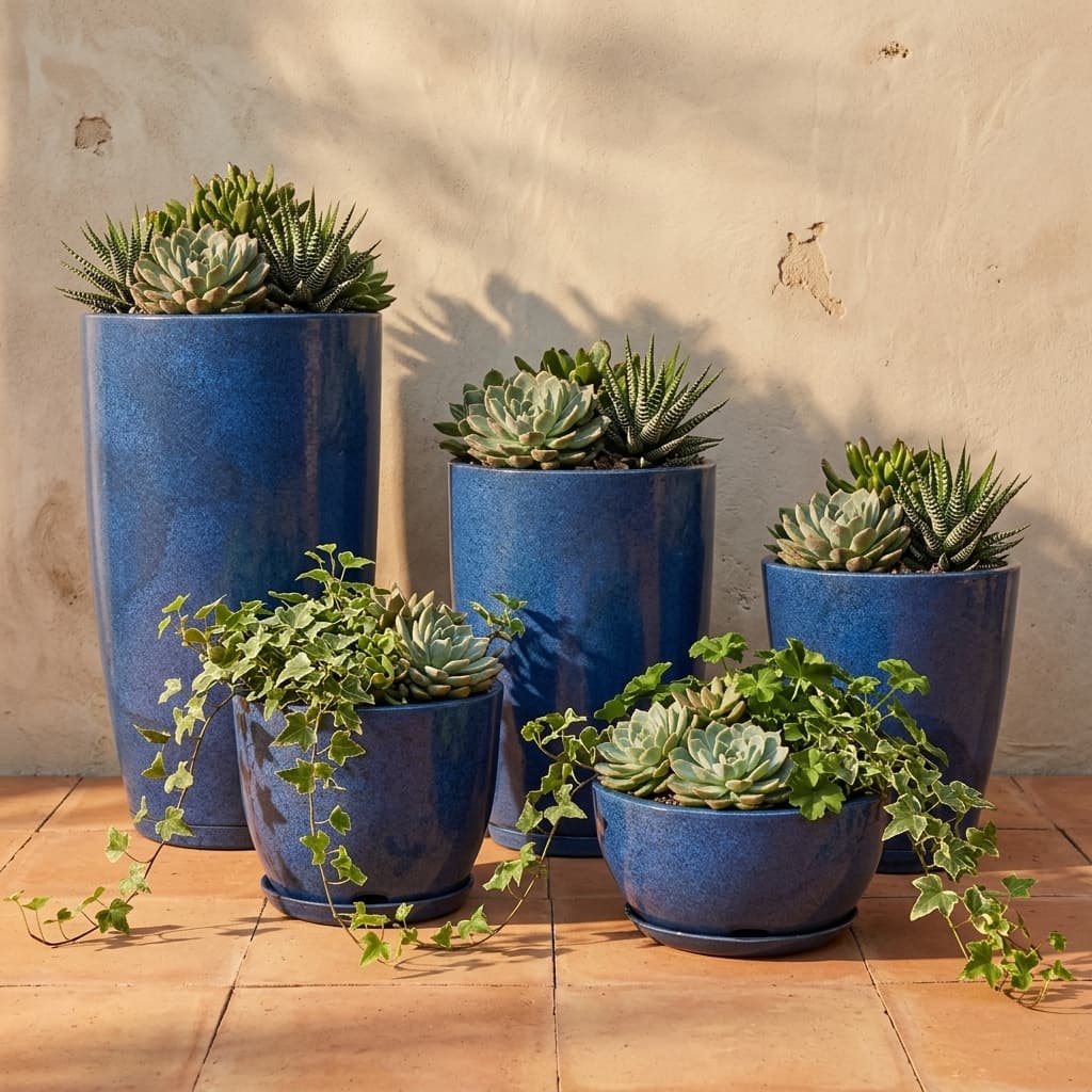 Kit 5 Vasos Para Plantas Decorativos Luxo Coluna Lisa N3+N2+N1+ Bojo N1 + Bacia N1 Com Prato
