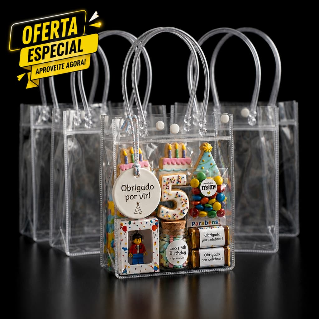 Kit 5/10/15/20 Sacola Transparente para lembrancinhas Presentes 15cmx20cmx7cm Fecho em Botão PVC Reutilizável Festas