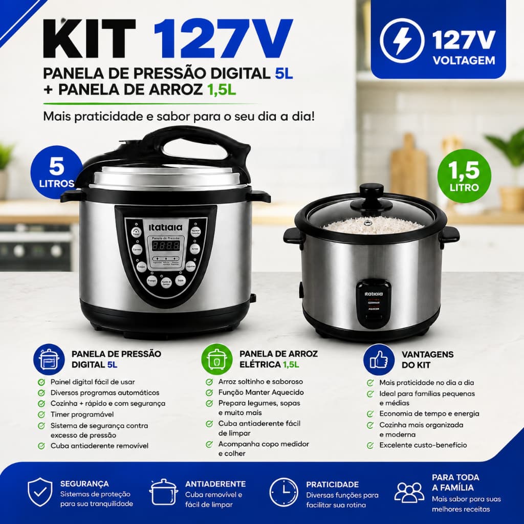 Kit Panela de Arroz Elétrica 1,5L + Panela de Pressão Digital 5L 127V Antiaderente Cozinha